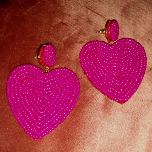 Handmade Large Fuchsia Heart Beaded Earrings Seed Beads Statement Jewelry New - Picture 2 of 10